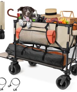 HOPERAN 400L Large Foldable Double Decker Wagon,360° Adjustable Handle 550LBS Heavy Duty Collapsible Cart with 54" Extra Extender,All Terrain Double-Locking Brack Wheels,Perfer for Beach|Camp|Outdoor
