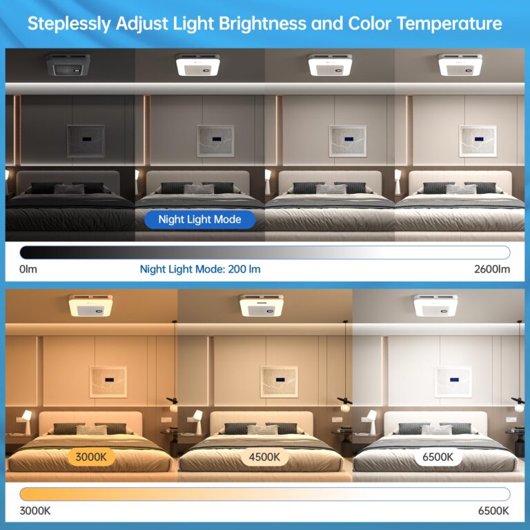 HAWKROWN Bathroom Exhaust Fan with Bluetooth Speaker, 230 CFM 1.0 Sone Bathroom Exhaust Fan with Light, 3 Dynamic Light, 7 LED Color, 3 Color Temperatures, Nightlight, Music Sync, Remote, Easy Install - Image 4