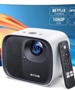 ETOE 4K Android TV 10.0 Projector, 1080P FHD Smart Projector with Auto Focus, Auto Keystone, 600 ANSI Lumens, Dual 10W Speakers, Netflix-Certified, 5.1G WiFi Bluetooth, Movie Projector with Bag-White