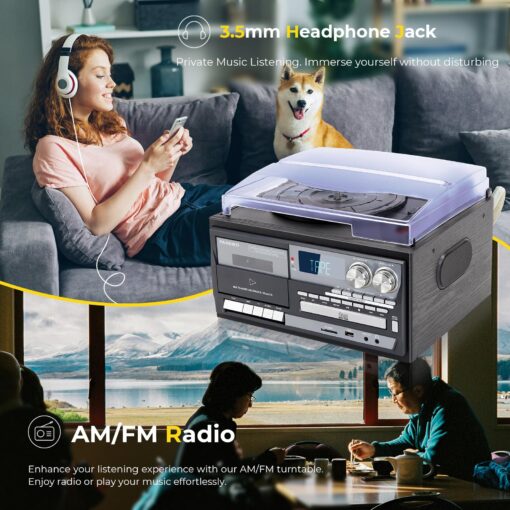 Vintage Record Player 9-in-1 Turntable with Built-in Speakers, AM/FM Radio, CD & Cassette Player, Bluetooth USB/SD Playback, Remote Control, Aux & RCA Inputs, Headphone Jack for Music Fans - Image 3