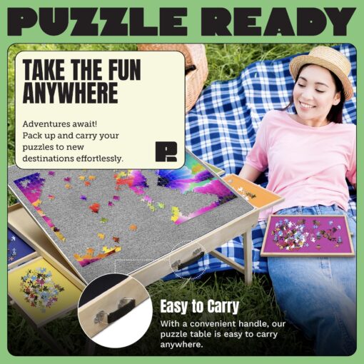 Puzzle Ready 1500-Piece Wooden Jigsaw Puzzle Table - 27" x 36" Foldable Portable Puzzle Board Design with Short Legs, 4 Colorful Drawers, 3 Adjustable Angles & Cover Mat - Image 3