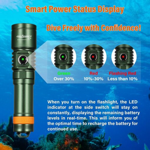 ORCATORCH D710 Scuba Diving Light, 3000 Lumens Super Bright Underwater Flashlight with 6 Degrees Narrow Beam, IP68 Waterproof Night Dive Torch 150 Meters Submersible Light (Green) - Image 5
