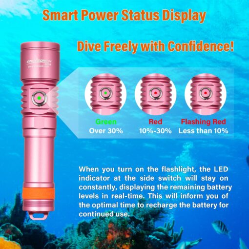 ORCATORCH D710 Scuba Diving Light, 3000 Lumens Super Bright Underwater Flashlight with 6 Degrees Narrow Beam, IP68 Waterproof Night Dive Torch 150 Meters Submersible Light (Pink) - Image 5