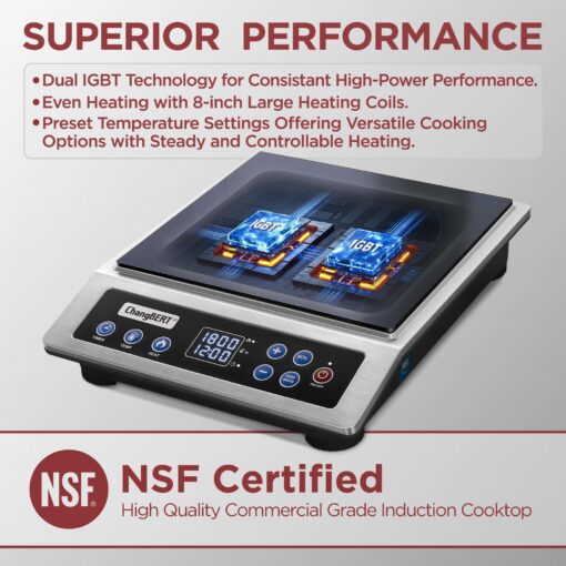 ChangBERT Portable Induction Cooktop, NSF Certified Pro Induction Hot Plate, Powerful 1800W with Large 8" Heating Coil, 18/10 Stainless Steel, 18 Temp Settings Commercial Grade Countertop Burner - Image 5