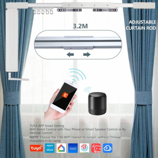 Smart Curtain Tracks WiFi Control by Phone, Support Voice Control for Alexa, Google Home, Tuya App Remote Automated Curtain Smart Curtains Opener Motorized Curtains Rods with Remote Control (125'') - Image 6