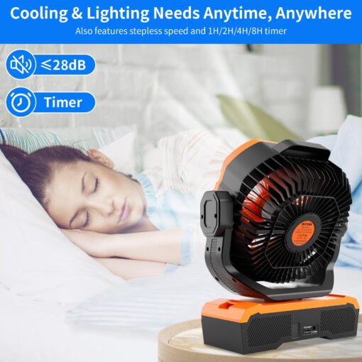 WESTTREE Battery Operated Large Airflow Fan,45000mAh Rechargeable Camping Cordless Fan with 360°Auto Oscillation & Timer, Queit Battery Powered Tent Fans Portable with RGBW Lights for Home X66 Orange - Image 4