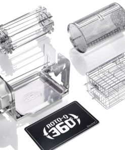 ROTO-Q 360 Stainless Steel Rotisserie Kit - Non-Electric, Wind-Up Spit Roaster with Rotisserie Basket, Flat Cage, Skewer Set, and Cooking Mat for Grills, Ovens, and Smokers - Indoor & Outdoor BBQ Use