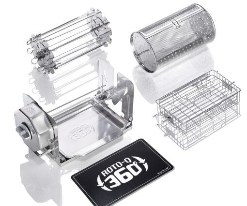 ROTO-Q 360 Stainless Steel Rotisserie Kit - Non-Electric, Wind-Up Spit Roaster with Rotisserie Basket, Flat Cage, Skewer Set, and Cooking Mat for Grills, Ovens, and Smokers - Indoor & Outdoor BBQ Use