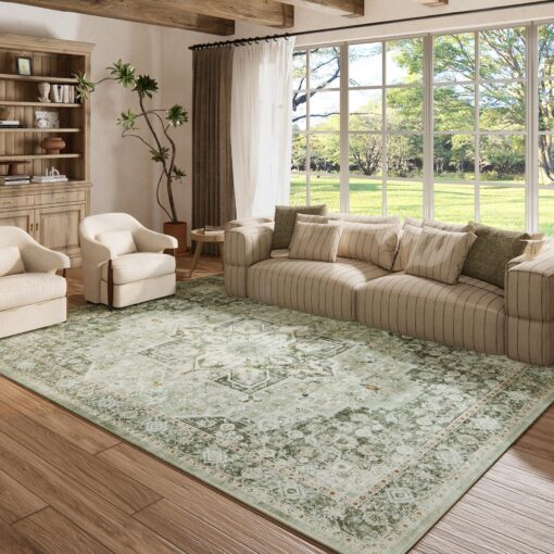 9×12 Machine Washable Rug for Living Room, Boho Vintage 9×12 Area Rug，Distressed Accent Low Pile Ultra Soft Large Carpet for Bedroom Bathroom Dining Room, Floral/Green - Image 7