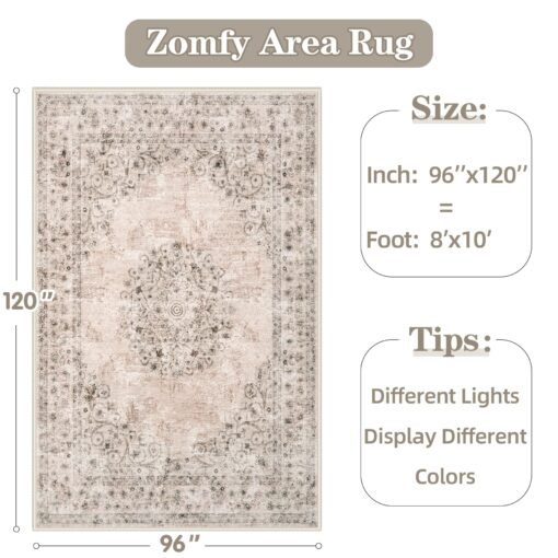 Area Rug 8x10 Vintage Rug: Large Washable Indoor Medallion Rug Low Pile Distressed Floor Carpet Retro Accent Rug for Living Room Bedroom Kitchen Dining Table Home Office(Distressed Brown, 8'x10') - Image 2