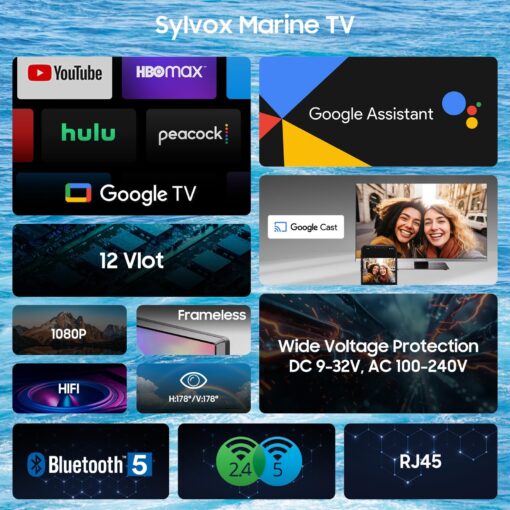 SYLVOX 12 Volt TV, 22" Smart TV with DVD Player Built in, 1080P Google TV System ATSC NTSC WiFi Bluetooth HDMI USB, AC/DC Powered, 12V TV for RV Camper Boat Coastal Home (Marine Series) - Image 9