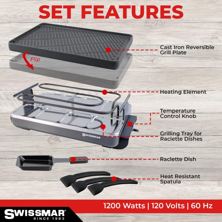 Swissmar Classic 8-Person Raclette Party Grill - Indoor Electric Grill & Griller with Reversible Cast Iron Grill Plate/Crepe Top - Anthracite Black - Image 4