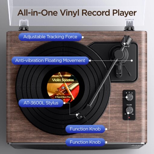 All in One Vinyl Record Player, Bluetooth Turntable with Built in 4 Stereo Speakers Phono Preamp, High Fidelity Turntables for Vinyl Records with Magnetic Cartridge AT-3600L MM, Belt Drive 2-Speed - Image 9