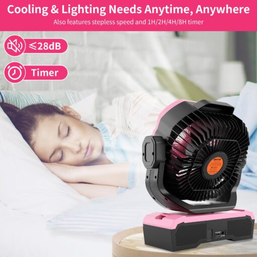 WESTTREE Battery Operated Large Airflow Fan,45000mAh Rechargeable Camping Cordless Fan with 360°Auto Oscillation & Timer, Queit Battery Powered Tent Fans Portable with RGBW Lights for Home X66 Pink - Image 4