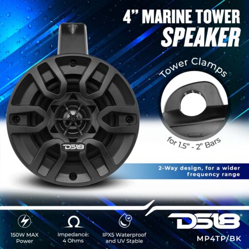DS18 MP4TP.4A 4" 600W Bluetooth Marine Tower Speakers with Amplifier and Remote - Image 8