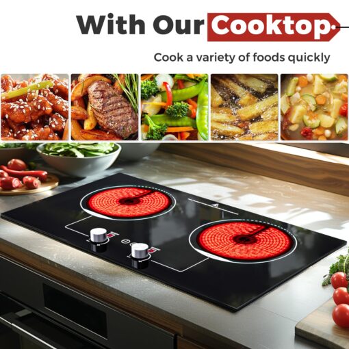 ADVWIN Electric Cooktop, 2 Burner Knob Control Plug in Built-in Ceramic Electric Stove Top with Child Safty Lock & Timer & Over-Temperature Protection & 10 Power Setting, 1800W, 110v (2 burners) - Image 5
