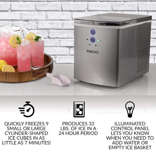 Igloo ICEB33SL Large-Capacity Automatic Portable Electric Countertop Ice Maker Machine, 33 Pounds in 24 Hours, 9 Ice Cubes Ready in 7 minutes, With Ice Scoop and Basket, Perfect for Water Bottles - Image 6