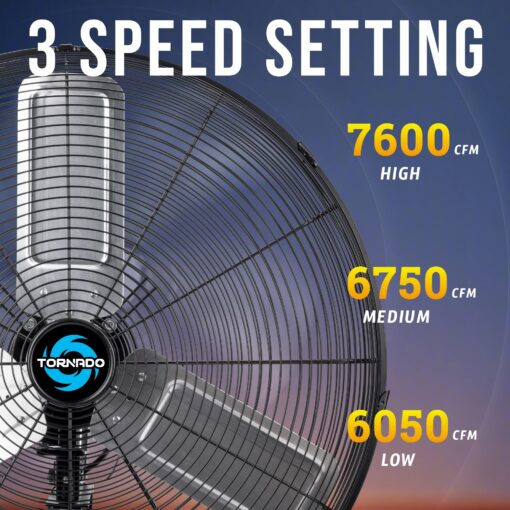 Tornado 24 Inch Pro Series High-Velocity Oscillating Wall Fan – 3-Speed, 7600 CFM, 6.6 FT Cord – UL Safety Certified for Commercial & Industrial Use - Image 7