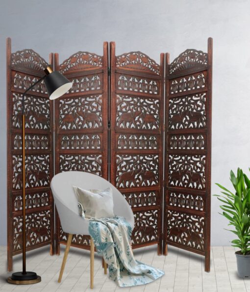 Room Divider Wood Screen - Elephant Hathi Walnut Brown - 4 Panel Fording 72x80 - Intricate Carved Room Décor Boho Portable Partition Privacy Screen Small Spaces Reversible Freestanding - COTTON CRAFT - Image 5