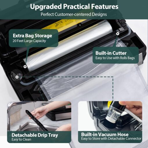 Beelicious Pro 90Kpa Powerful Vacuum Sealer, with 10-in-1 Functions,Double Seal & Double Pump,Built-in Cutter&Hose,Handle-Ease Design, Vacuum Sealer Machine for Food with Bags Storage, Stainless Steel - Image 5
