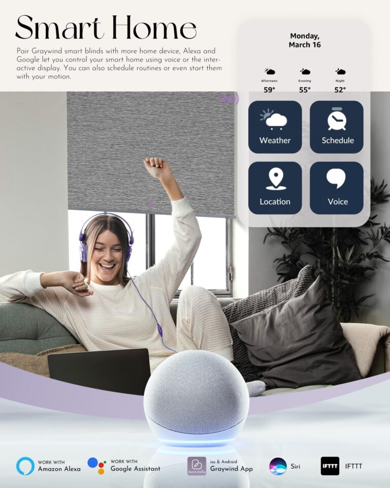 Graywind Smart Blackout Roller Shades Compatible with Alexa Google Textured Gleaming Fabric Rechargeable Motorized Blinds Cordless Remote Control Window Shades, Custom Size (Striped Grey) - Image 7