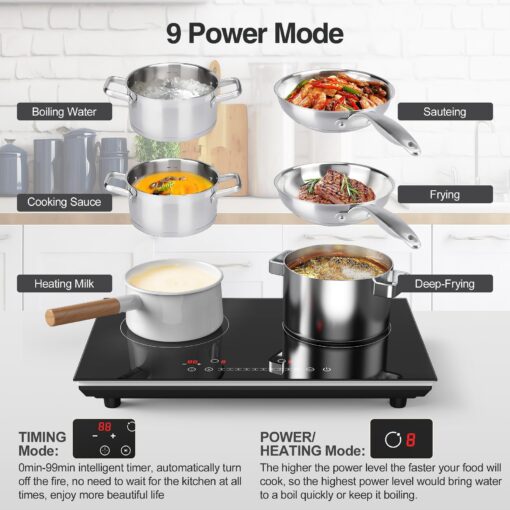 VBGK Double Induction Cooktop,4000W Induction Stove Top 110V Induction Hot Plate Electric Burner Portable Induction cooktop 2 burner with LCD Touch Screen 9 Levels Settings Child Safety Lock & Timer - Image 3