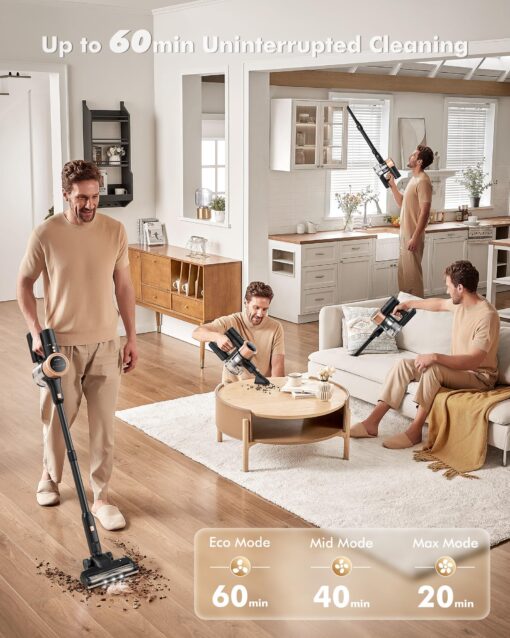 MIUZZY Cordless Vacuum Cleaner, 48kPA/190AW Powerful Suction, Max 60min Runtime, 4000mAh Large Battery, Anti Hair Wrap Stick Vacuum, Vacuum Cleaners for Home, Pet Hair, Hard Floors and Carpets, Cars - Image 8