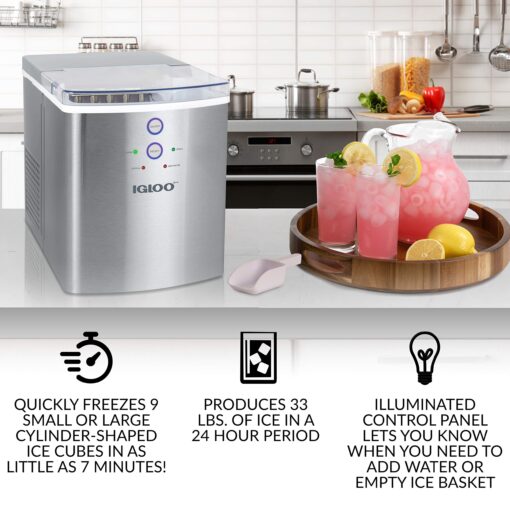 Igloo ICEB33SS Large-Capacity Stainless Steel Automatic Portable Electric Countertop Ice Maker Machine, 33 Pounds in 24 Hours, 9 Cubes Ready in 7 minutes, With Scoop and Basket - Image 7
