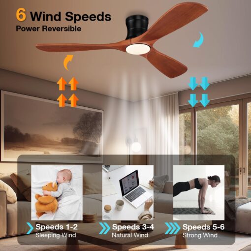 52' Smart Wood Low Profile Ceiling Fan with Lights Remote, Quiet DC Motor, Outdoor Indoor Flush Mount, Voice Control via WIFI Alexa App, Modern Dimmable Lighting for Bedroom Patio - Image 5
