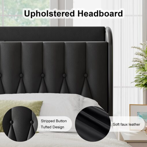 Feonase Leather King Size Bed Frame with Fast Charging Station,Metal Platform King Beds with Upholstered Headboard & Footboard,12" Underbed Storage Space, Easy Assembly,Noise-Free,Black - Image 4