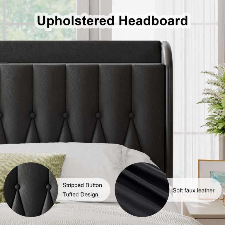 Feonase Leather King Size Bed Frame with Fast Charging Station,Metal Platform King Beds with Upholstered Headboard & Footboard,12" Underbed Storage Space, Easy Assembly,Noise-Free,Black - Image 4