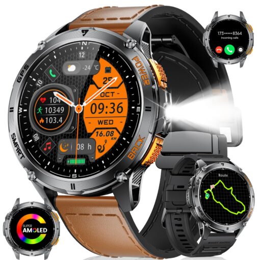 LIGE GPS Smart Watch for Men, Compass/LED Flashlight/1.43" AMOLED Smartwatch, IP68 Waterproof/Swim Mode/100+ Sports Mode Fitness Tracker Watch, Men's Smart Watch for Android iPhone Compatible