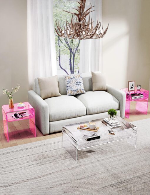 solaround Clear Acrylic End Table 2-Tier Bedside nightstand for Living Room Bedroom Home Decor (Pink Double) - Image 6