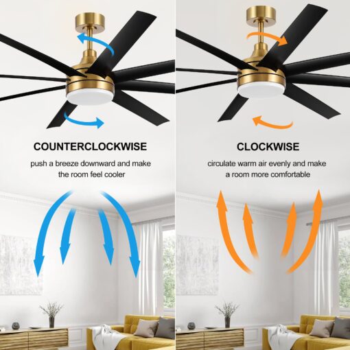65 Inch Ceiling Fan with Light and Remote, 8-Blade, Reversible DC Motor, 6-Speed, Timer, Industrial Ceiling Fans with Led Light Chandelier for Bedroom Office (Gold & Black) - Image 6