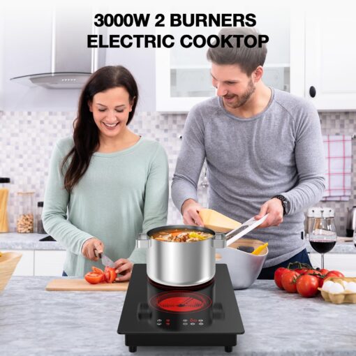 VBGK Electric Cooktop,3000W 12 inch Electric Stove Top,Built-in and Countertop 2 Burner Electric Cooktop 220V with Plug,9 Power Levels, Kids Lock & Timer,LED Touch Control,Overheat Protection Stovetop - Image 2