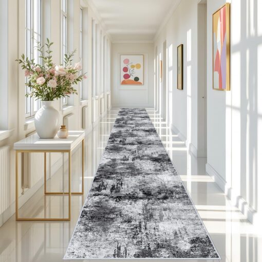 RUUGME Washable Hallway Rug 3x20 - Runner Rug Stain Resistant for Living Room Non Slip Indoor Entryway Rubber Backing Carpet Bedroom Kitchen Distressed Floor Decor Mat Machine Washable 3x20 Black A