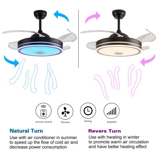 Defloorlight Black 48" Ceiling Fan with Light, Fandelier, Invisible Chandelier, Bluetooth Speaker, RGB Color Changing Remote Control for Living Room/Bedroom, Music, Modern Design - Image 3