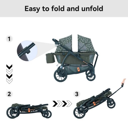 Pamo Babe Kid Wagon Double Stroller for 2 Kids Push Pull Double Wagon Travel Stroller Adjustable Handbar Waterproof Canopy Cup Holder and 3 Point Harness Green - Image 3