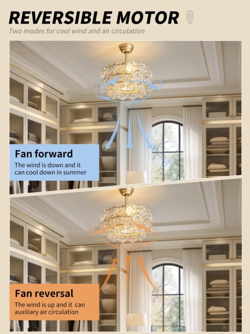SYDACG 20" Gold Crystal Fandelier Ceiling Fan with Light, Mid-Century Chandelier Ceiling Fan with Light Remote Control, Modern Caged Enclosed 6 Speeds for Bedroom, Nursery, Foyer, Living Room - Image 3