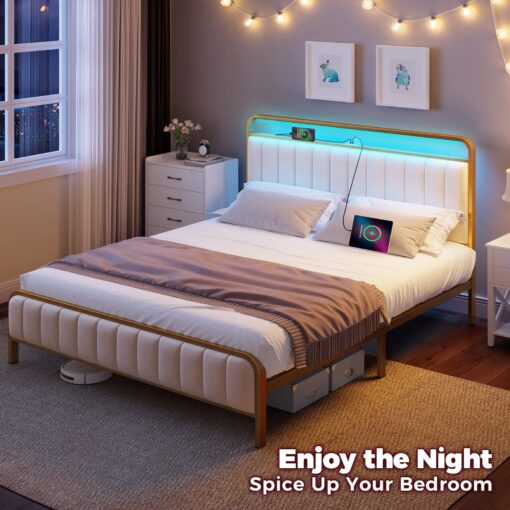 Rolanstar Full Size Bed Frame with LED Light and Charging Station, Upholstered Headboard and Footboard, Metal Slat, Noise Free, Easy Assembly, Golden - Image 4