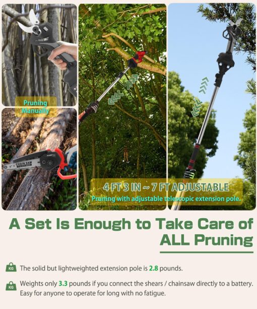 Fulgutonit Electric Pruner Kit, 40 mm(1.6 in) Pruning Shears & 6 inches Mini Chainsaw, with Max 7 ft Extension Pole, 2 Pcs 4 Ah Batteries for Longer Pruning, Extra 1084 Replacement Blades & Saw Chain - Image 9