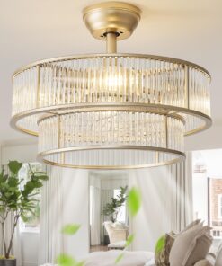YADZSLY Gold Fandelier Ceiling Fans with Lights, 20" Gold Crystal Chandelier Ceiling Fan with Light Remote Control, Caged Mid Century with 6 Speeds for Bedroom, Living Room, Nursery