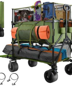 HOPERAN 550L XXL Foldable Double Decker Wagon-Greater Capacity,360° Adjustable Handle Heavy Duty 550LBS Collapsible Cart with 54" Extra Extender,All Terrain Double-Locking Brack Wheels (Olive Green)