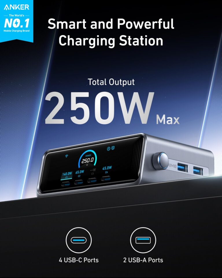 Anker Prime Charger, 250W GaN Prime USB C Charging Station, Ultra-Fast 6-Port, 2.26" LCD Display and Smart Control Dial, Compatible with MacBook Pro/Air, iPhone 16/15/14, Galaxy, and More (Silver) - Image 6