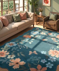 Lahome Floral Washable 6x9 Area Rugs, Soft Bedroom Rug for Living Room Ultra-Thin Non Slip Dining Room Rug, Stain Resistant Boho Blue Rugs Easy Clean Throw Carpet for Office(6'x9',Navy Blue)