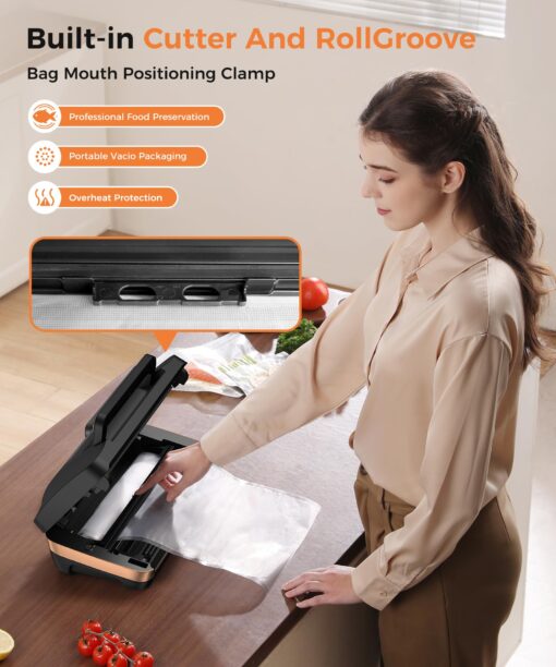 95kpa Vacuum Sealer Machine,Commercial Full Automatic Food Sealer,Powerful Sealing System with Double Heat Seal,Bags Storage, Easy-Lock Handle,Build-in Cutter,1 Bag Rolls and 10 pcs Pre-cut Bags - Image 5