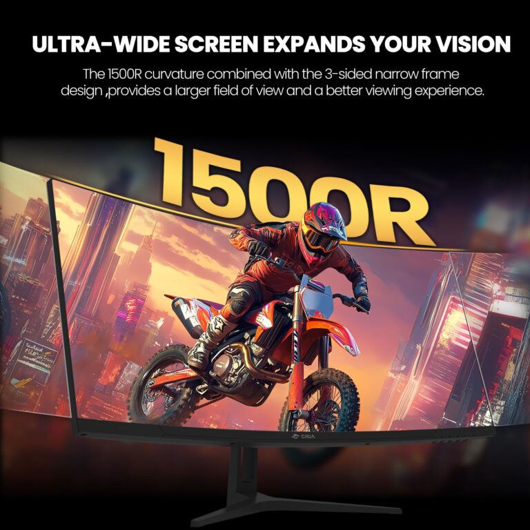 CRUA 34" Curved Gaming Monitor, WQHD 3440x1440, 144Hz/165Hz Computer Monitors, 1500R VA Screen, 120% sRGB, AMD FreeSync, HDMI 2.0 & DP 1.4, Wall Mountable Installs- Black - Image 2