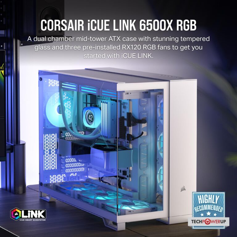 CORSAIR iCUE LINK 6500X RGB Mid-Tower ATX Dual Chamber PC Case – Panoramic Tempered Glass - Reverse Connection Motherboard Compatible -– 3x CORSAIR RX120 RGB Fans Included – White - Image 9