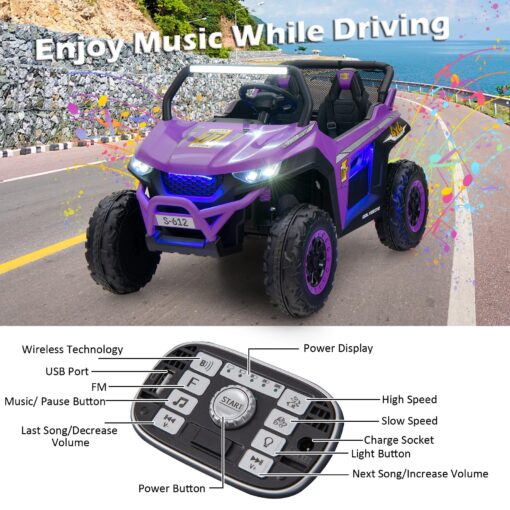 OLAKIDS 2 Seater Ride on Car for Kids, 12V UTV Kids' Electric Vehicles with Remote Control, Spring Suspension, Soft Start, Music Bluetooth FM, Battery Powered for Ages 3-8 (Purple) - Image 8