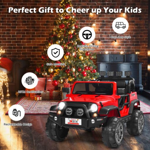 Costzon 2-Seater Ride on Truck, 12V Battery Powered Electric Vehicle Toy w/Remote Control, 3 Speed, LED Lights, MP3, Horn, Music, 2 Doors Open, Spring Suspension, Ride on Car for Kids (Red) - Image 3